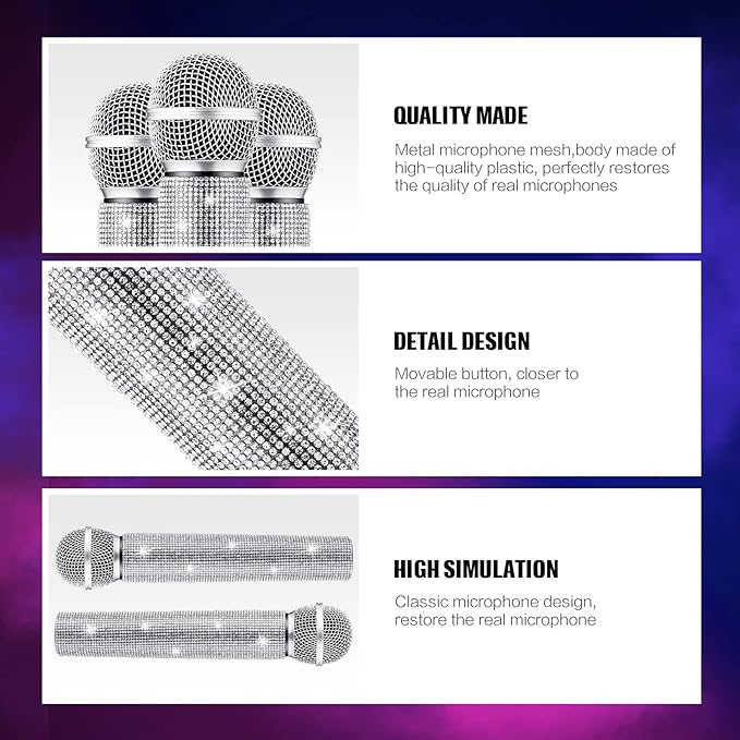 Sanwuta Fake Microphone Prop Sparkly Bling Rhinestones Plastic Play Microphone Pretend Glitter Bedazzled Mic for Cosplay Party Costume(Silver)