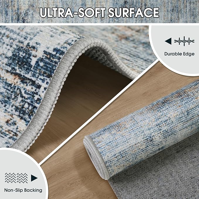 Washable Rug 6x9 Area Rugs, Abstract Large Living Room Rugs with Non-Slip Backing, Thin Carpet for Dorm Dining Room Table Nursery Indoor Home Office-Blue/Brown