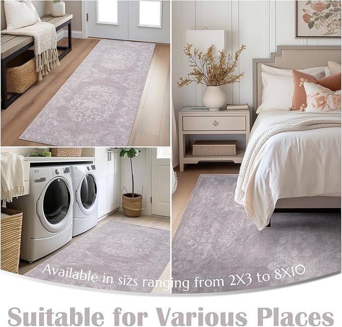 jinchan Vintage Floral Runner Rug 2x7 - Machine Washable Distressed Design Non-Slip Low-Pile Soft Thin Carpet for Hallway Kitchen Farmhouse Bedroom Entryway Laundry Room (2x7ft,Orchid)