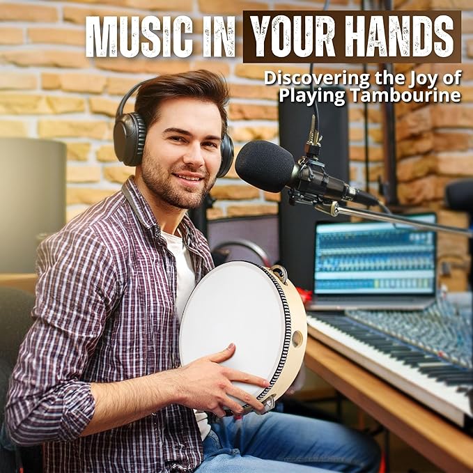 Flexzion Wood Handheld Tambourines - 8 and 6 Inch Set of 2 Pack, with Single Row Metal Jingle Bell (Wood) Hand Held Tambourine Percussion Drum Moon Musical Instrument