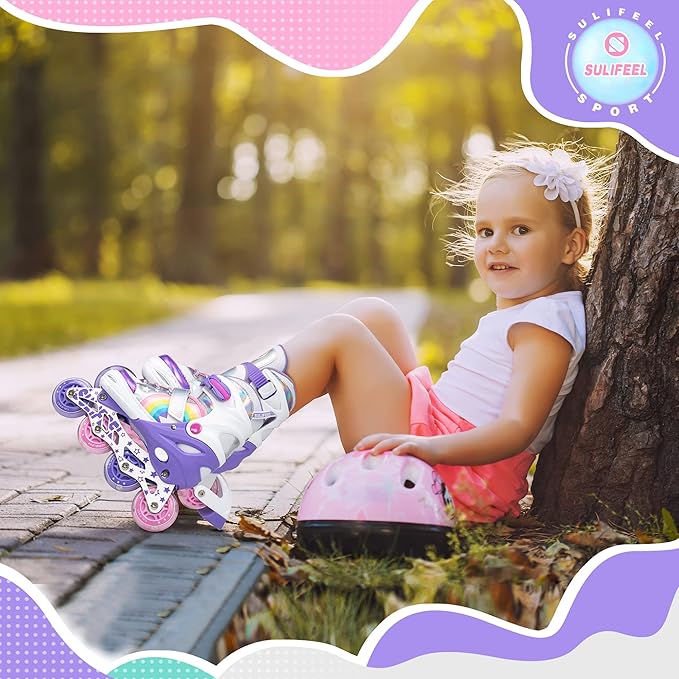 SULIFEEL Rainbow Unicorn Inline Skates for Girls Boys 4 Size Adjustable Light up Wheels Skates for Kids Beginner