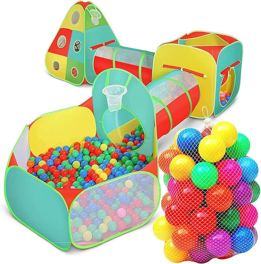 5pc Kids Play Tent for Toddlers with Ball Pit, Crawl Tunnel, Indoor & Outdoor Playhouse, Jungle Gym, Toys for Boys & Girls, Includes Dart Balls, Teepee & Basketball Hoops, (with 50 Balls)
