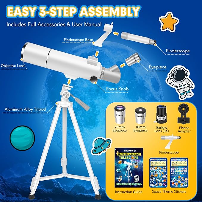 Hawkko Telescope for Adults & Kids – 80mm Aperture 500mm Telescopes for Adults Astronomy, (20X-150X) Portable Refractor Telescope Kit for Beginners with Decorate Stickers, AZ Tripod, Phone Adapter