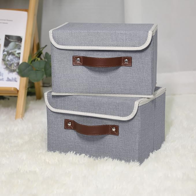 ANMINY 2PCS Storage Bins with Lid PU Leather Handles Storage Boxes PP Plastic Board Decorative Foldable Lidded Cotton Linen Fabric Home Cubes Baskets Closet Organizer Containers - Gray, Small Size