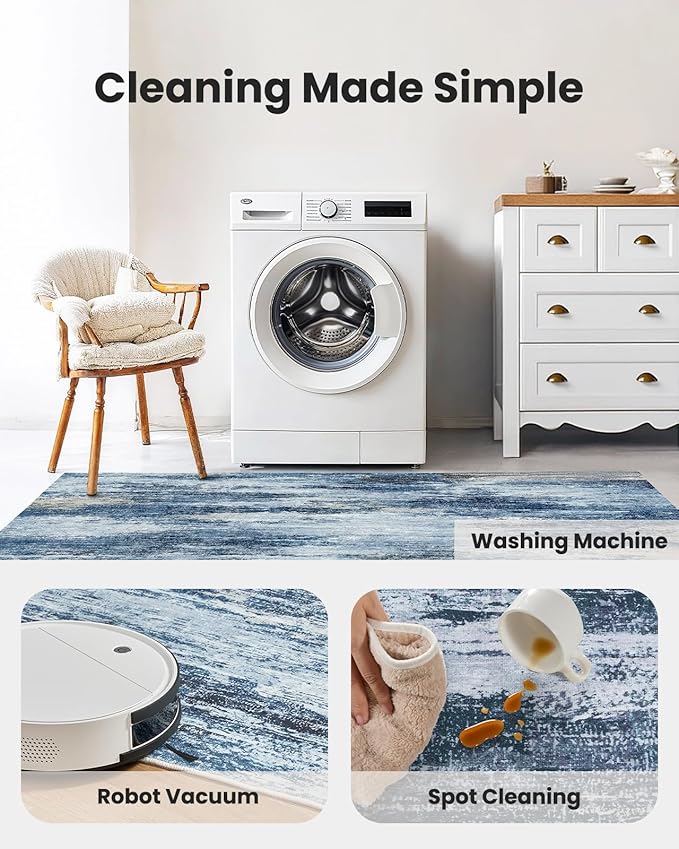 Amada 6x9 Washable Area Rug, Modern Abstract Living Room Rug with Non-Slip Backing & Short Pile, Large Rug with Abstract Pattern for Living Room, Bedroom and Dinning Room, Blue