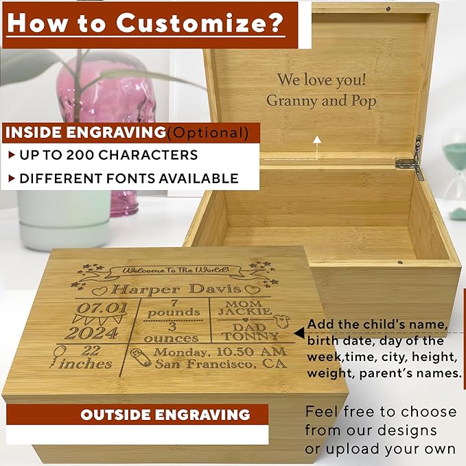 Customized Welcome Baby Box - Newborn Baby Announcement Gifts, Custom Gift for Boy or Girl, Engraved Announcement Boxes with Birth Stats, New Born Keepsake Storage, Welcome to the World Memory Chest