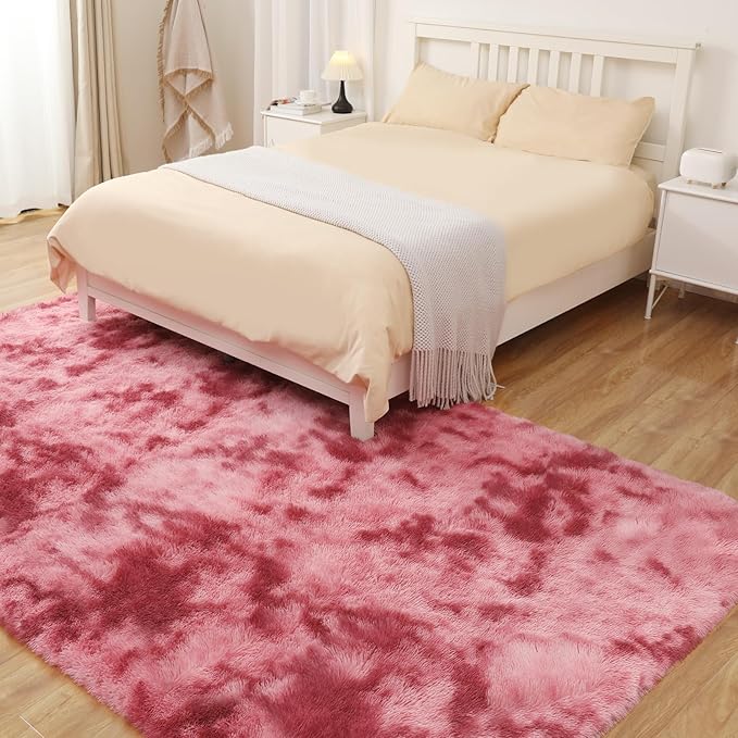 4x5.8 Area Rug, Fluffy Rugs for Living Room, Plush Carpet Rugs for Bedroom, Non-Slip Indoor Rug for Nursery, Study Room, Playroom, Home Decor, Tie-Dyed Dark Pink