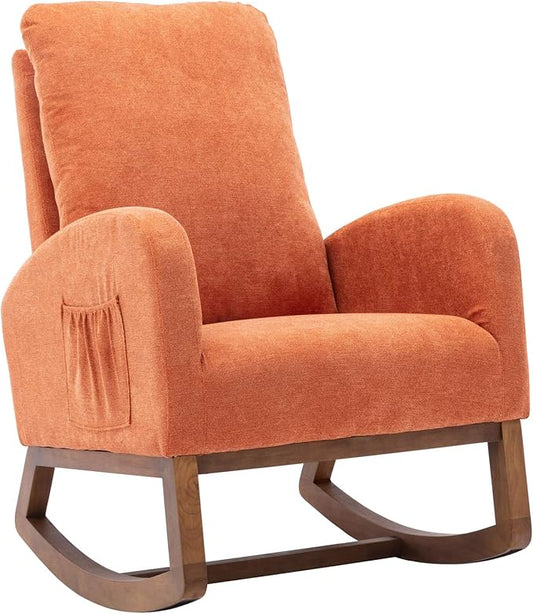 Dolonm Rocking Chair Mid-Century Modern Nursery Rocking Armchair Upholstered Tall Back Accent Glider Rocker for Living Room (Orange)