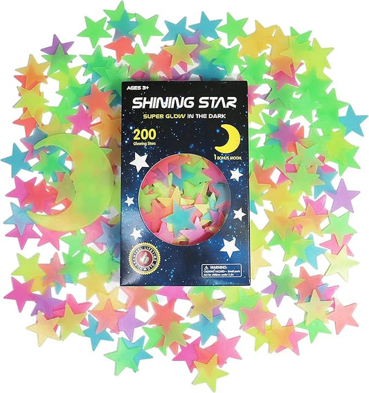 Glow in The Dark Stars and Moon Stickers for Ceiling - 200pcs 3D Luminous Adhesive Stars Create Realistic Starry Sky - Room Decor for Kids Bedroom, Wall Stickers