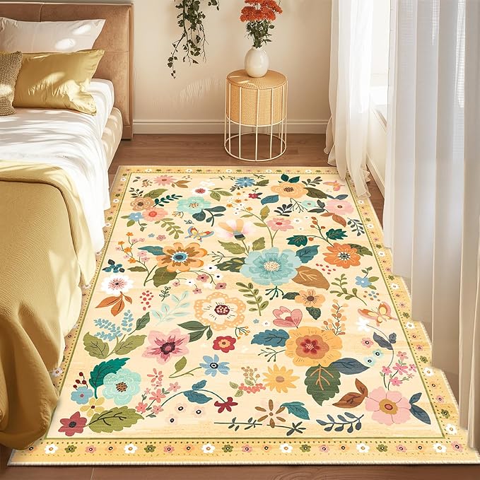 Floral 3x5 Area Rug Machine Washable Soft Print Boho Carpet Non Slip Doormat Low Pile Flower Area Rugs for Living Room Bedroom Nursery Kitchen Dining Room Indoor-Ivory/Yellow