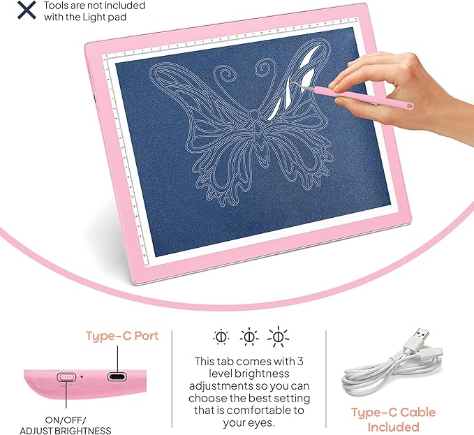 iVyne Corded Light Pad for Weeding Vinyl - A4 Light Box for Drawing - Light Board for Tracing - Light Box for Diamond Painting, Weeding Vinyl, Sketching, Tracing (Pink)