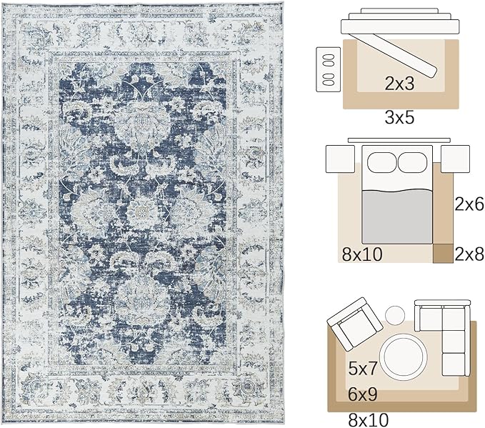 jinchan 10x12 Area Rugs for Living Room - Machine Washable Vintage Floral Distressed Design Stain Resistant Carpet Low Pile Non-Slip Large Rug for Bedroom Dining Room Home Office (10‘x12',Dark Blue)