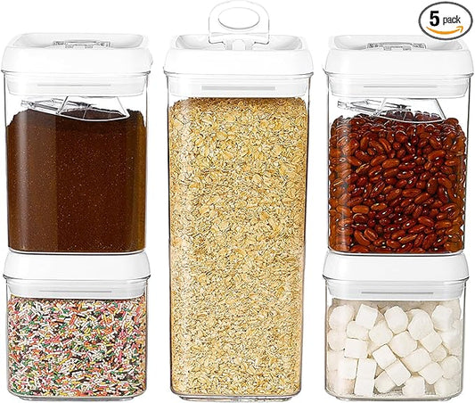 Felli Flip Tite Food Storage Container 5" LARGE 5pk Set + No Residue Label, Airtight Lid Easy Lock Top Stackable, Plastic Canister Jar for Pantry Kitchen Fridge Organizer Pasta Protein Powder Spice