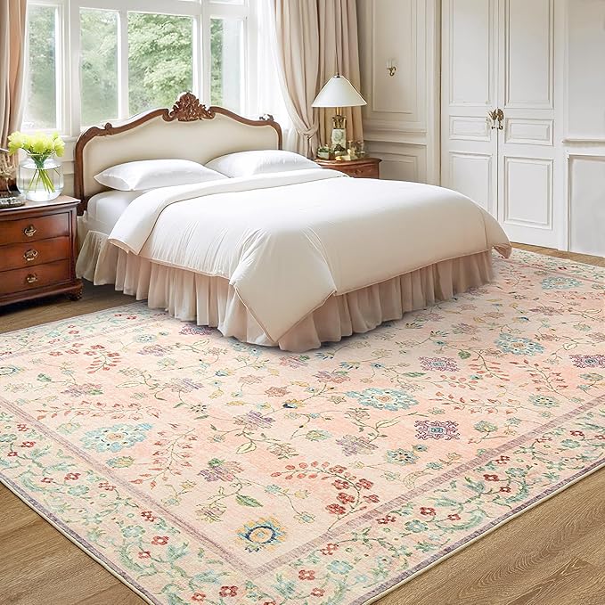 LOCHAS Washable Area Rugs 6x9, Pink Floral Rug for Living Room Bedroom Non Slip, Ultra Soft Vintage Indoor Carpet for Kids, Nursery, Dorm, Dining Room, Classroom, Boho Flower Home Decor, Low-Pile