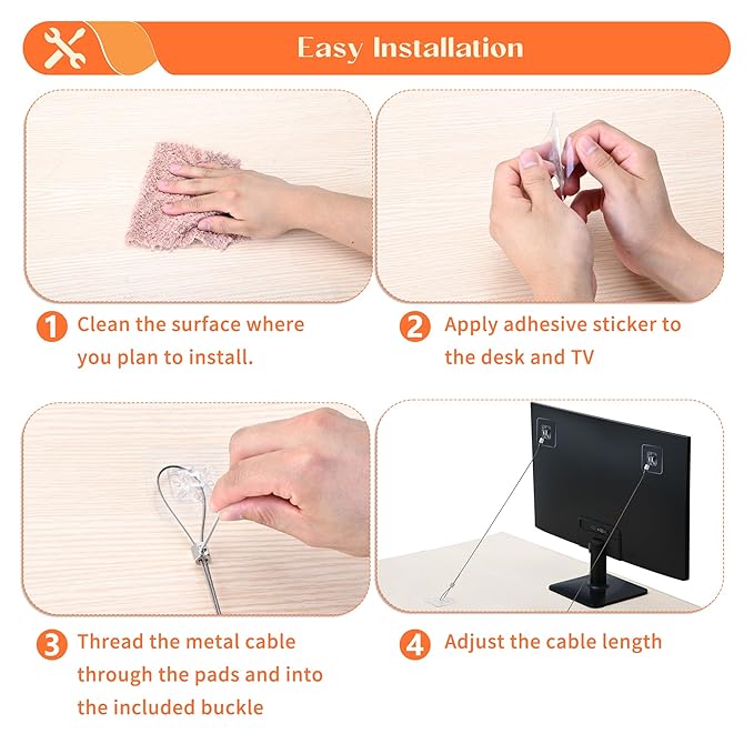 8 Pack 40" TV Safety Stainless Steel Straps Adjustable, Adhesive Anti-Tip Furniture Anchor for Flat Screen, TV and Furniture Safety Straps for Baby Proofing