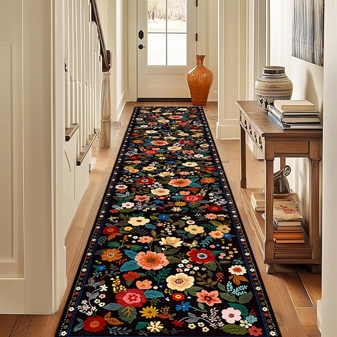 Floral 2x10 Area Rug Machine Washable Soft Print Boho Carpet Non Slip Doormat Low Pile Flower Area Rugs for Living Room Bedroom Nursery Kitchen Dining Room Indoor-Black