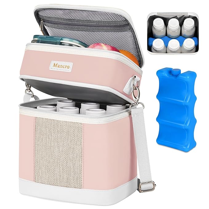 Mancro Breast Milk Cooler Travel Bag with Ice Pack, Double Layer Baby Bottle Cooler Bag Fits 6 Bottles Up to 9 Ounces,Insulated Bottle Bags for Daycare & Travel,Pink