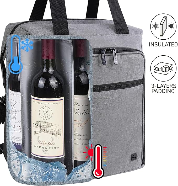 ALLCAMP 6 Bottle Wine Gift Bag - Insulated Tote Cooler, Adjustable Strap, Includes 6 Wine Glasses, Napkins & Corkscrew, Portable Travel Gifting(Gray)