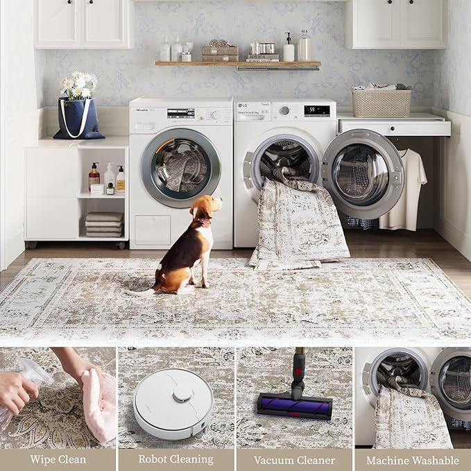 jinchan Floral 2x3 Rugs for Entryway - Vintage Washable Small Non-Slip Distressed Indoor Doormat Ultra-Thin Low-Pile Accent Rug for Entrance Kitchen Bedroom Bathroom (2x3ft,Taupe)