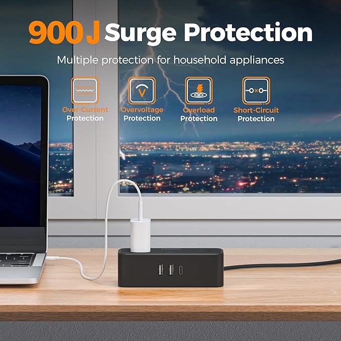 Black Extension Cord 5 Ft, TESSAN Flat Surge Protector Power Strip with 4 Wide Spaced AC Outlets 3 USB Ports (1 USB C), Ultra Thin Flat Plug with 900J Surge Protection, Office Dorm Room Essentials