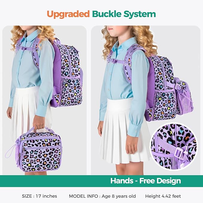 Choco Mocha Cheetah Backpack for Girls, Elementary School Backpack for Girls Ages 6-8 Kids Kindergarten Backpack Bookbag 17 Inch with Chest Strap, Colorful