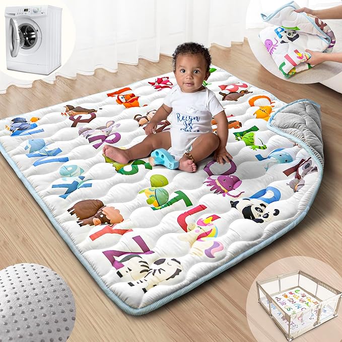 Baby Play Mat, 43x43 Mat with Super Soft Touch, Activity Mat with Upgraded Anti-Slip Bottom, Machine Washable Crawling Mat for Floor & Picnic(Animal Alphabets)