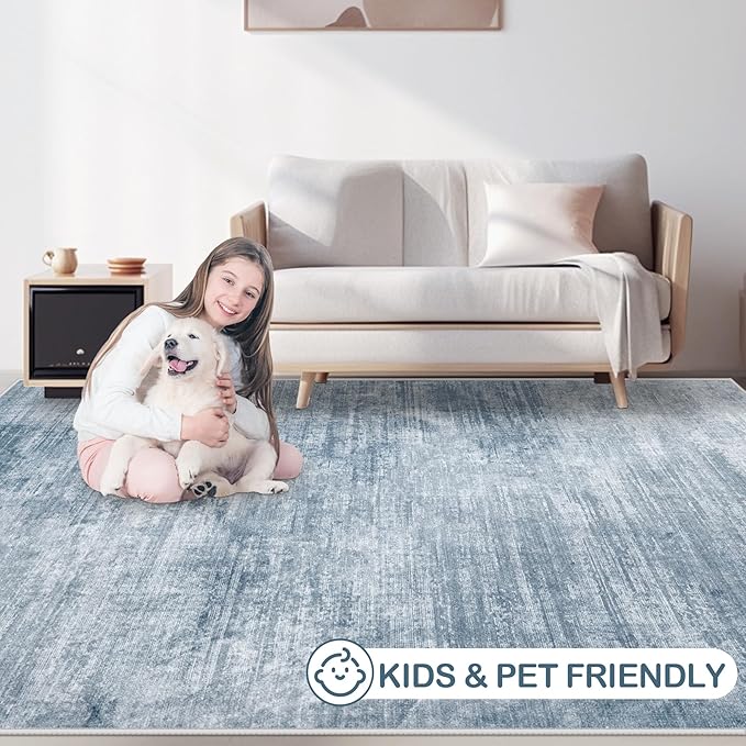 Area Rugs 8x10 Living Room: Washable Rug Modern Abstract Large Rugs Soft Non Slip Neutral Rug Stain Resistant Indoor Carpet for Bedroom Kitchen Dining Room Table Nursery Home Office Rugs(Blue,8'x10')