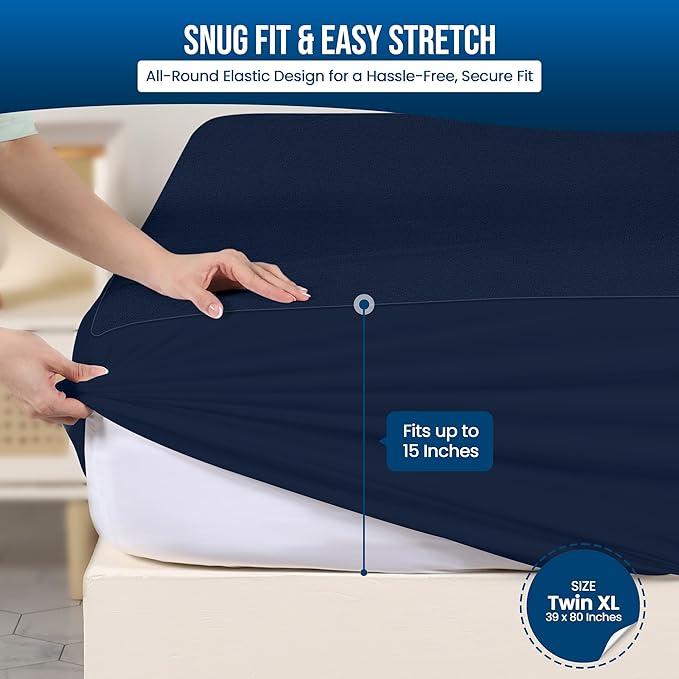 Utopia Bedding Waterproof Mattress Protector Twin XL Size, Premium Terry Mattress Cover 200 GSM, Breathable, Fitted Style with Stretchable Pockets (Navy)