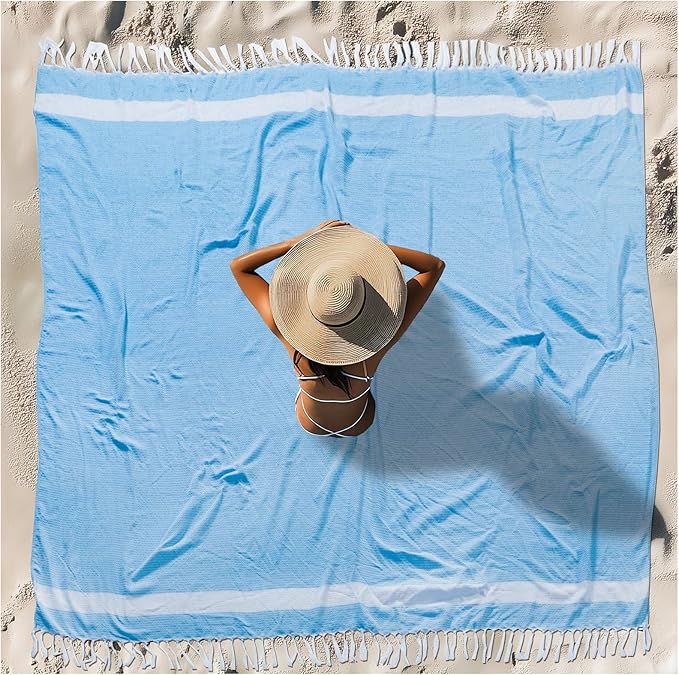 Oversized Turkish Beach Towel Blanket XXL Cotton Sandproof Towels Boho Woven Extra Large Big Sand Free Giant Throw Thick Blankets Huge Quilt XL Picnic Camping Necessities Cloud For Adult Gifts Blue