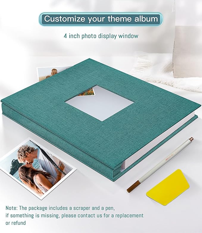popotop Photo Album Self Adhesive with Picture Display Window,60 Pages DIY Scrapbooking Supplies Kit for 4x6 8x10 Picture,Linen Cover Memory Book for Baby Wedding, with Scraper and Metallic Pen