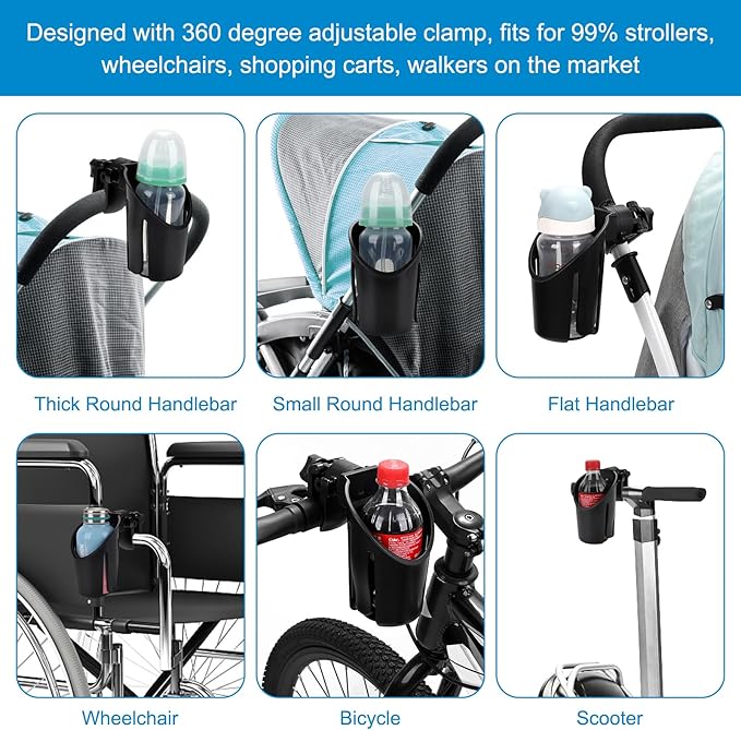 Accmor Universal Cup Holder, Stroller Cup Holder, 360° Rotatable Large Caliber Designed Bottle Holder for Stroller, Bike, Wheelchair, Walker, Scooter