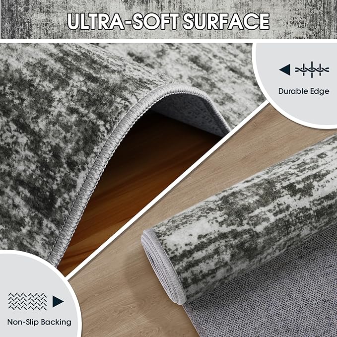 Area Rug 9x12 Washable Rugs: Abstract Large Living Room Rugs with Non-Slip Backing, Stain Resistant Indoor Floor Carpet for Bedroom Dining Room Table Nursery Hallway Home Office-Black/Gray