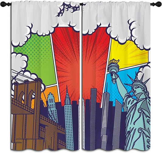 City Rod Pocket Blackout Curtains for Boy Girl Bedroom, Pop Art Style New York Cityscape Thermal Insulated Home Window Drapes for Living Room Darkening, 42x45 inch