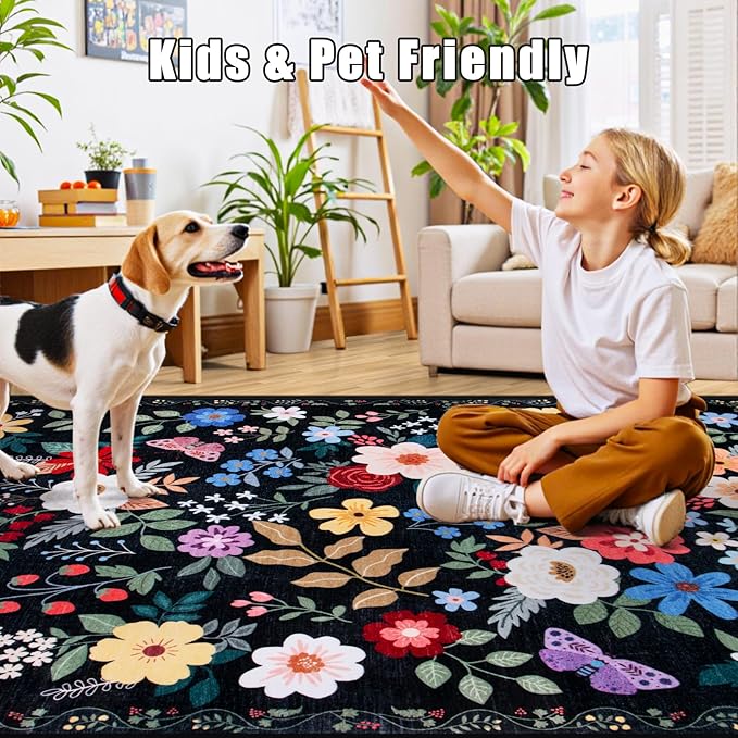 10x14 Area Rugs for Living Room: Floral Washable Rug Vintage Large Soft Boho Non-Slip Carpet Stain Resistant Low Pile Carpets for Bedroom Dining Room Farmhouse Nursery Hallway Home Office Black