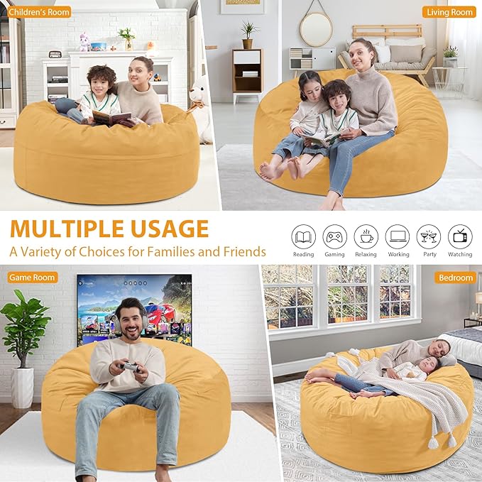 3FT Bean Bag Chair, Comfy Bean Bag Chairs with Memory Foam Filled, Fluffy Beanbag Sofa with Dutch Velvet Cover, Round BeanBag Chairs for Living Room, Playroom - Mustard