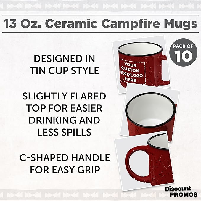 DISCOUNT PROMOS Custom Ceramic Campfire Coffee Mugs 13 oz. Set of 10, Personalized Bulk Pack - Perfect for Tea, Espresso, Cappuccino, Hot Cocoa - Red