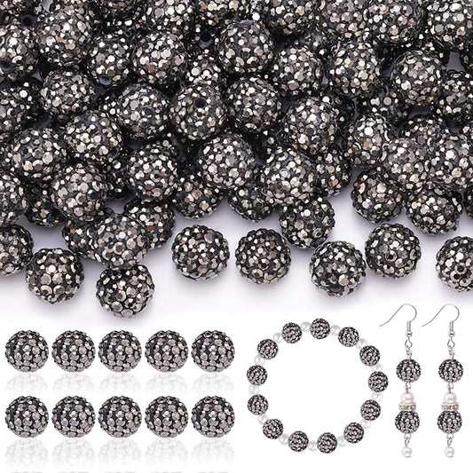 200pcs 10mm Rhinestone Beads for Jewelry Making, Hematite Shiny Round Disco Ball Beads Bulk, Sparkle Crystal Clay Christmas for Bracelet Baseball Necklace Earring Crafting and DIY