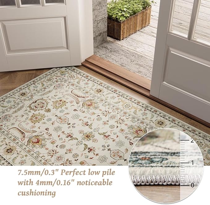 Washable 6x9 Area Rugs for Living Room, BoHo Non-slip Silicone Backing Large Rug for Bedroom Dining Room Nursery Office, 0.3" Neutral Oriental Throw Carpet with 0.16" Cushioning Pad, Light Beige/Multi