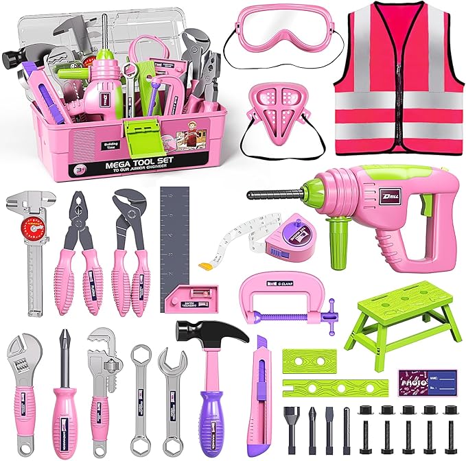 Deejoy Tool Set with Tool Box & Electronic Toy Drill, Pretend Play Kids Construction Kits for Kids Ages 3-5 Years Old, Toddler Tool Set(Pink)