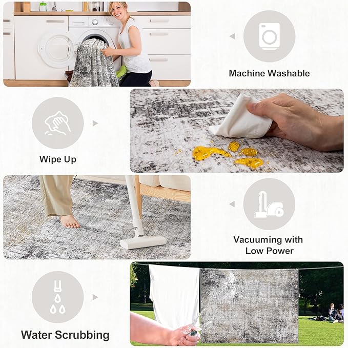 Area Rugs 10x12 Living Room - Washable Rug Modern Abstract Soft Large Neutral Non-Slip Carpet Indoor Floor Thin Carpets for Bedroom Dining Room Farmhouse Nursery Home Office Brown Black Grey