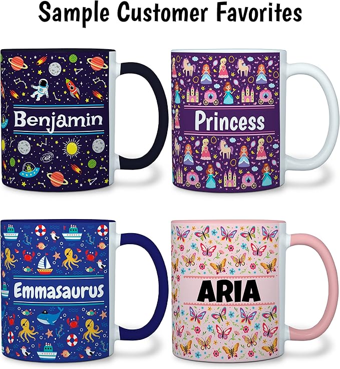 Personalized Mug for Kids - Woodland Animals - Custom Name/Text, Ceramic Hot Chocolate/Cocoa/Coffee Cup for Boys/Girls, Birthday/Christmas/Holiday Gift - 11 oz, White Handle