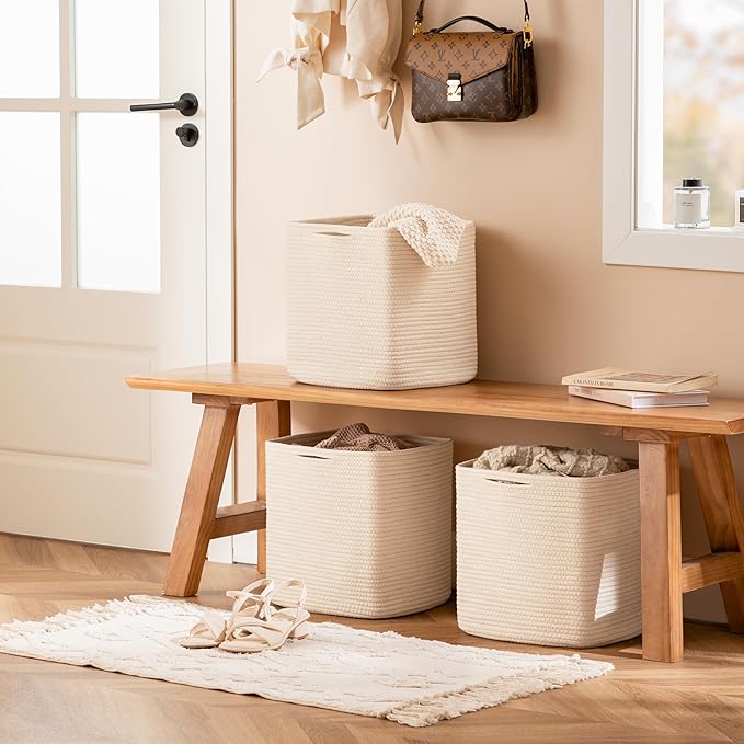joybest Cube Storage Bins Set of 4, 11inch Cube Baskets Organizer for Nursery, Square Cotton Rope Baskets for Shelves Organizing, Kids Toy, Closet Storage, Beige