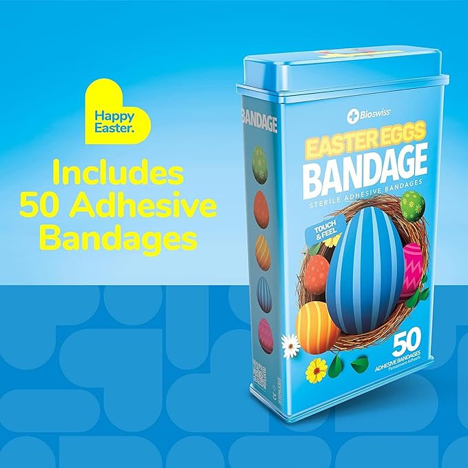 BioSwiss Bandages, Easter Egg Shaped Self Adhesive Bandage, Latex Free Sterile Wound Care, Fun First Aid Kit Supplies for Kids, 50 Count