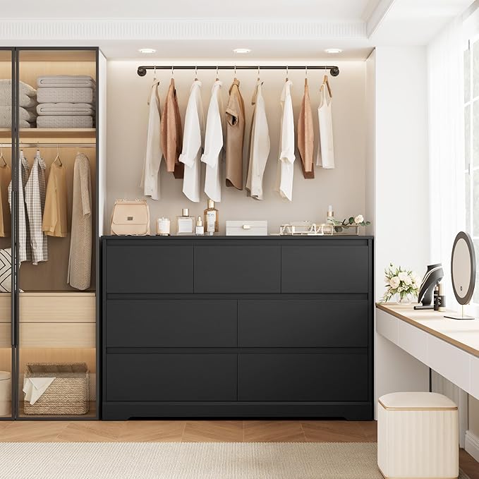 Dresser for Bedroom, Modern Black Dresser, Wood Chest of Drawers Nursery Dressers, with Storage, 7 Drawer Double with Handle Free, Large Storage Organizer for Living Room,White