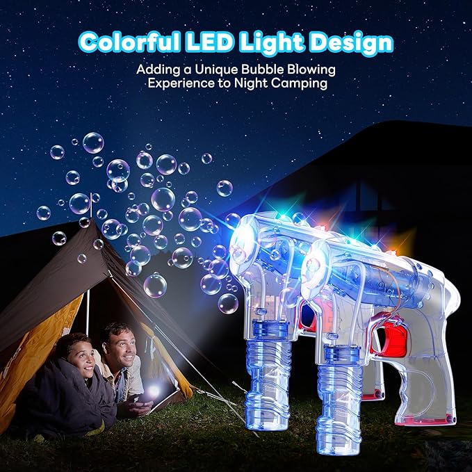 Kid Odyssey 2 Pack Bubble Gun with 4 Refill Solution and 3 Colorful LED Light, Bubble Machine for Kids, Bubble Maker for Party Favors, Birthday Gift, Indoor Outdoor Toys for Toddlers