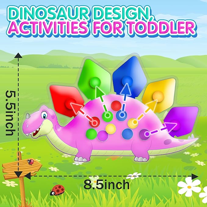 2PC Pink Dinosaur Color Sorting Sensory Toys, Montessori Toys for Toddler Girl Fine Motor Skill Game Learning Activities Quiet Calm Down Fidgets for Classroom Stocking Stuffers for 3 4 5 Year Old