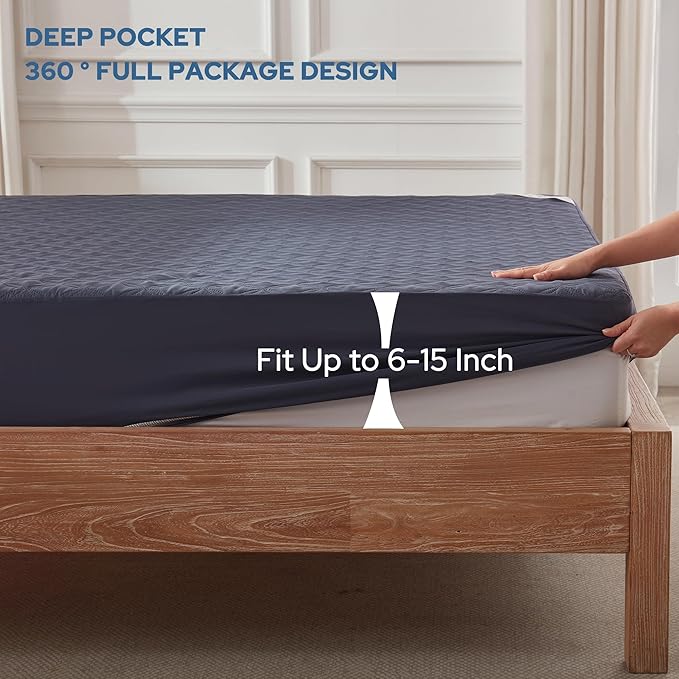 2 Pack Waterproof Mattress Protector, Twin Size Mattress Pad Noiseless with Deep Pocket Fitted for 6"-15", Breathable Dirt-Proof Single Bed Mattress Cover for Bedroom, Dorm Room (Navy Blue)