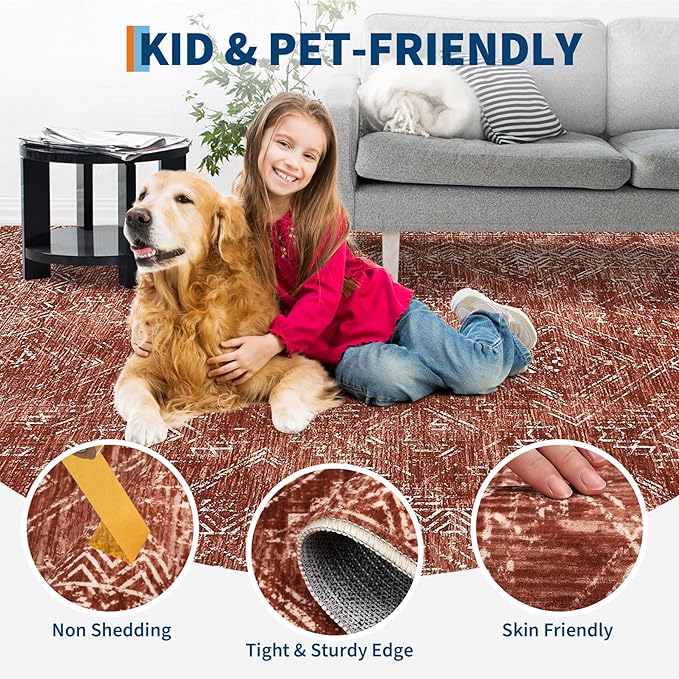 COZYLOOM 2x6 Rug Modern Indoor Area Rug Machine-Washable for Living Room or Hallway Softness Foldable Mat for Easy Storage Geometric Design Non Slip Rug Low Pile Stain Resistant Carpet, Brick Red