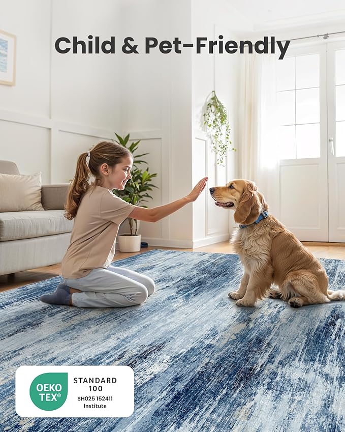 Amada 8x10 Area Rug, Modern Abstract Living Room Rug with Non-Slip Backing & Short Pile, Large Washable Rug with Abstract Pattern for Living Room, Bedroom and Dinning Room, Blue