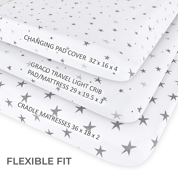 Ely’s & Co. Patent Pending Waterproof Changing Pad Cover|Cradle Sheet 2-Pack Set for Baby Boy - 100% Cotton, Jersey Knit Cotton Sheets with Waterproof Lining — Grey Stars